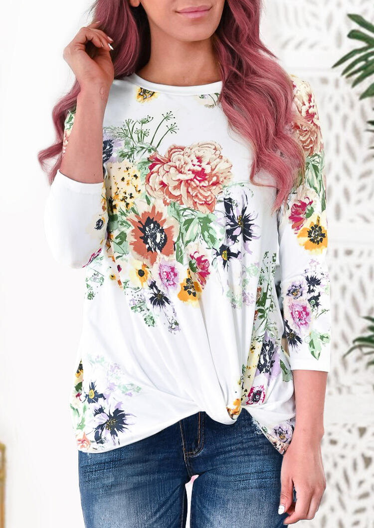 

Floral Twist O-Neck T-Shirt Tee - White, 453778