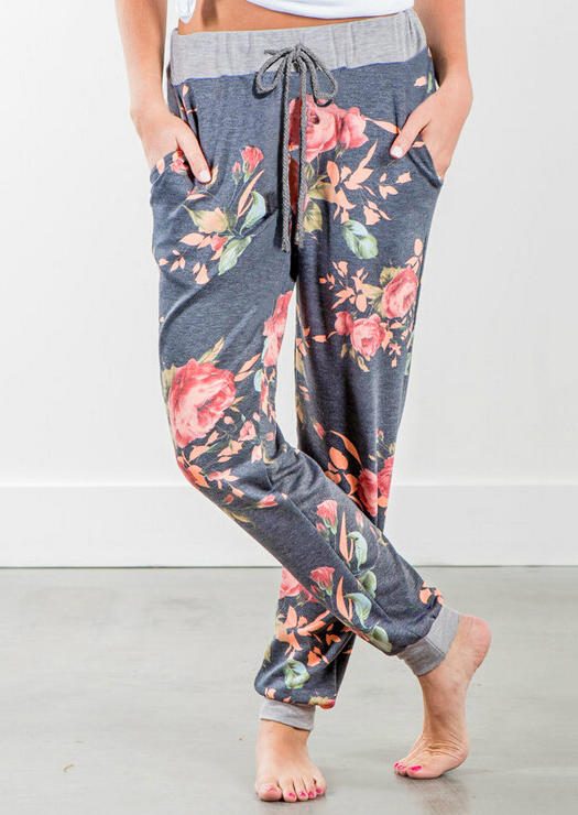 

Floral Pocket Drawstring Skinny Pants - Gray, 453804