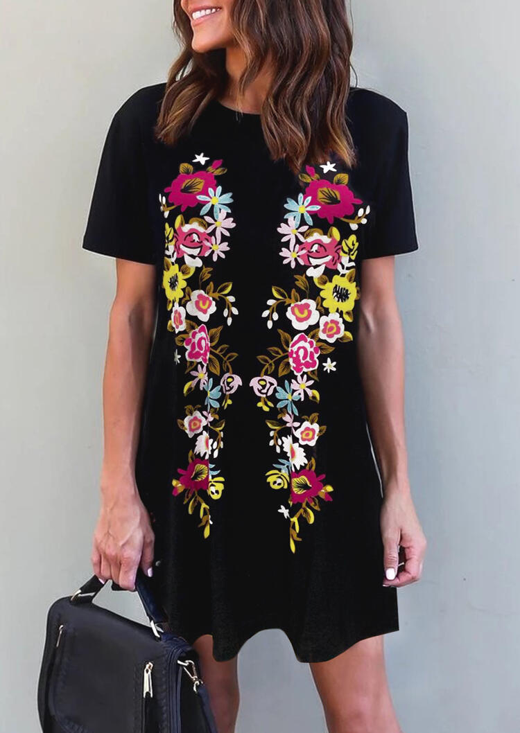 

Mini Dresses Floral O-Neck Mini Dress - Black. Size