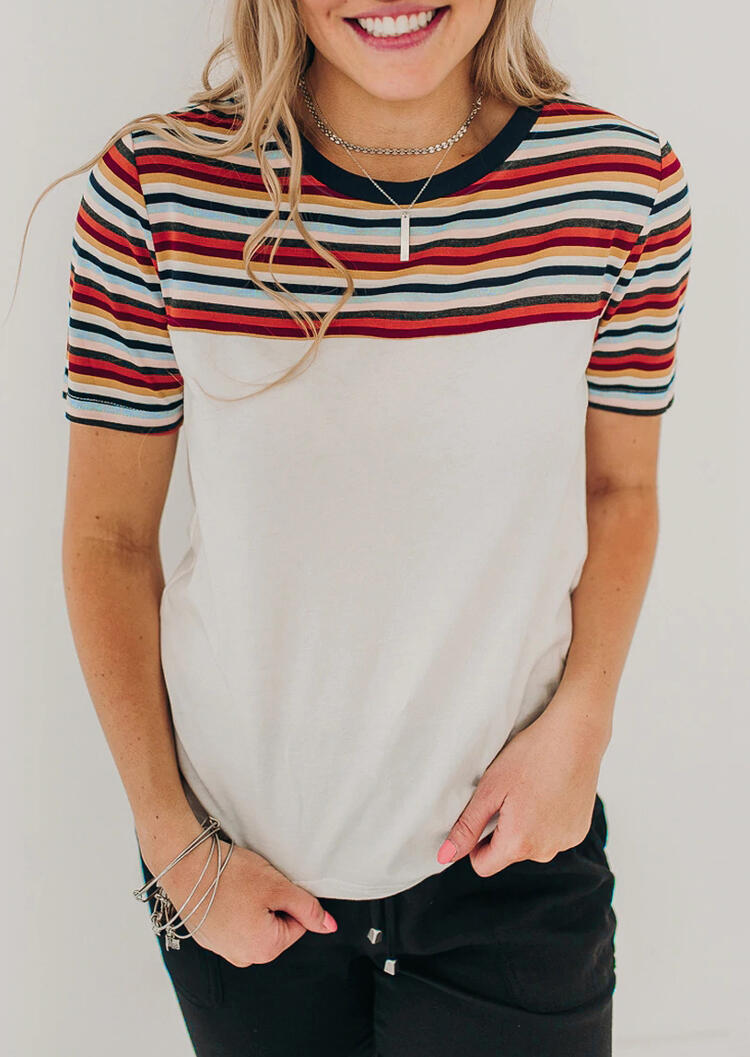 

Tees T-shirts Colorful Striped Splicing T-Shirt Tee without Necklace - White. Size: S