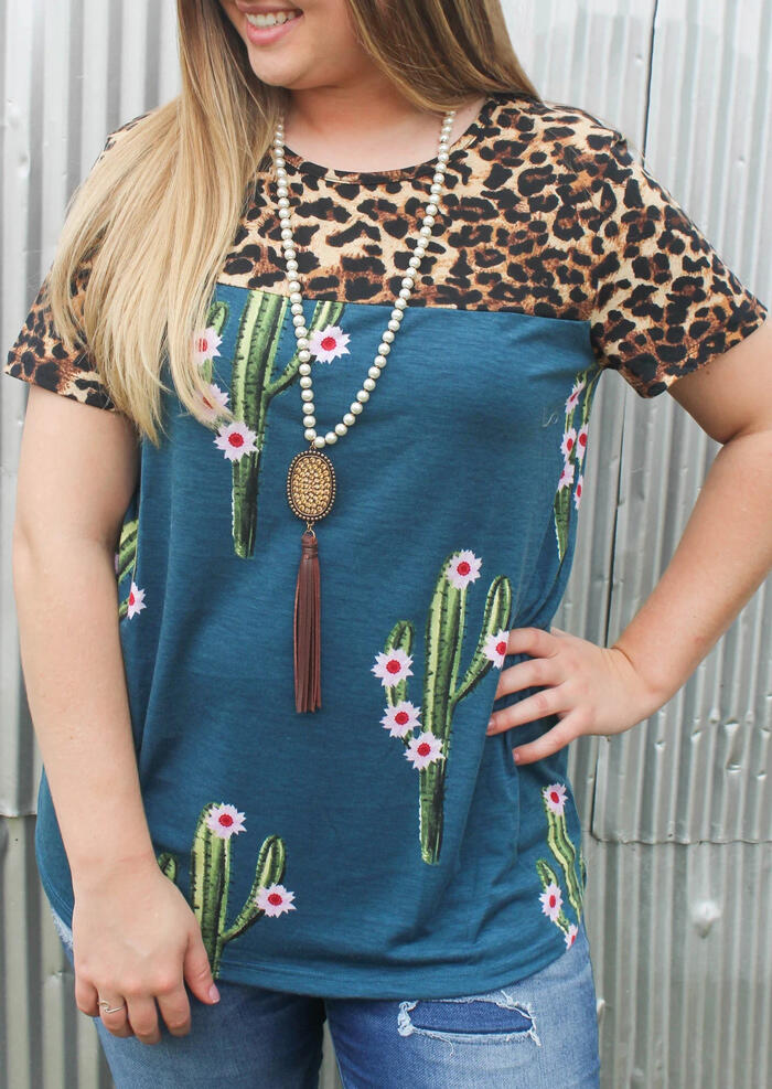 

Tees T-shirts Leopard Printed Floral Cactus T-Shirt Tee without Necklace - Cyan. Size