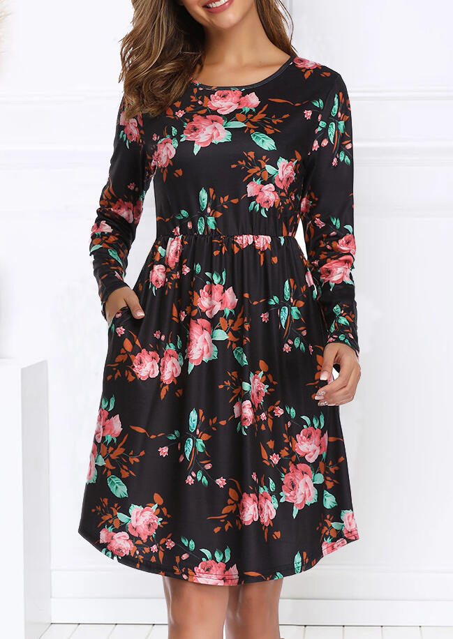 

Floral Ruffled Long Sleeve Mini Dress - Black, 453830