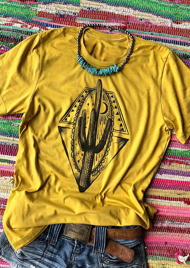 

Cactus Printed O-Neck T-Shirt Tee - Yellow, 453884