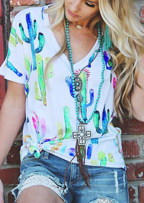 

Cactus Printed V-Neck T-Shirt Tee without Necklace - White, 453889