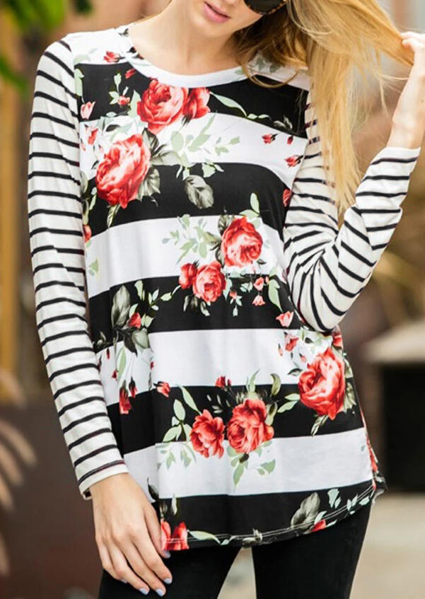 

Tees T-shirts Floral Striped Long Sleeve O-Neck T-Shirt Tee. Size: ,M, Stripe