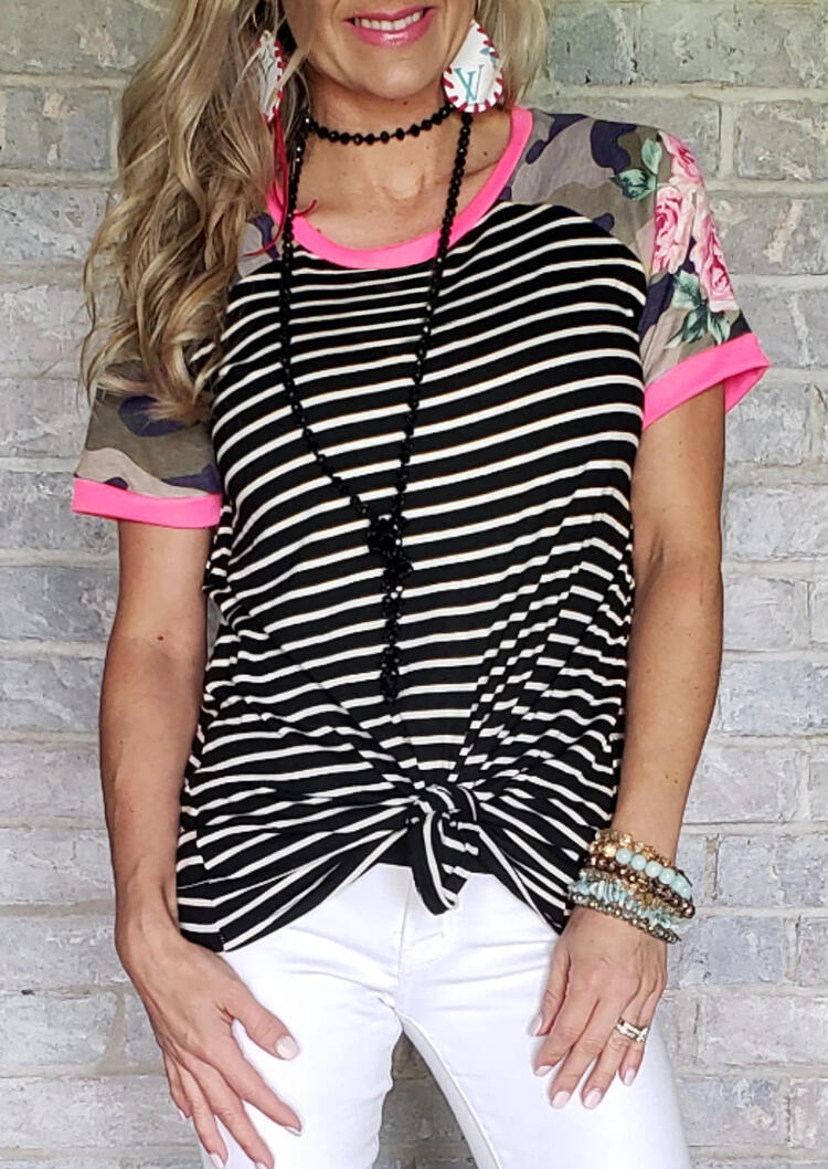 

Floral Striped Camouflage Printed T-Shirt Tee without Necklace, Stripe, 453955