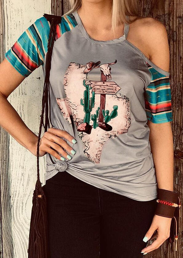 

Steer Skull Cactus Map Cold Shoulder Blouse - Light Grey, 453974