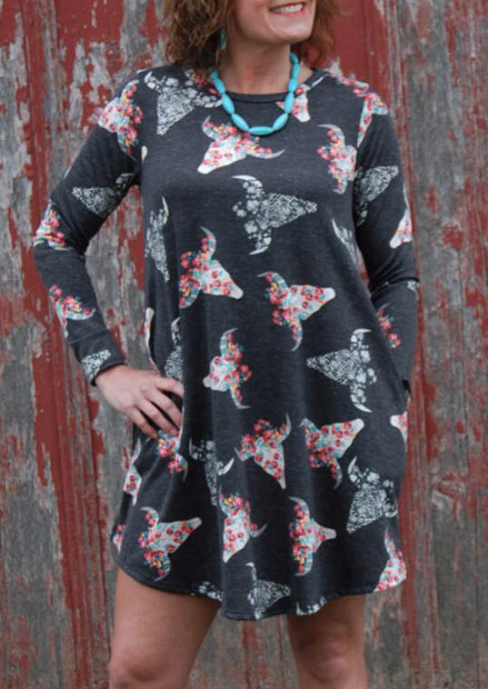 

Mini Dresses Floral Steer Skull Long Sleeve Mini Dress without Necklace - Dark Grey. Size: M
