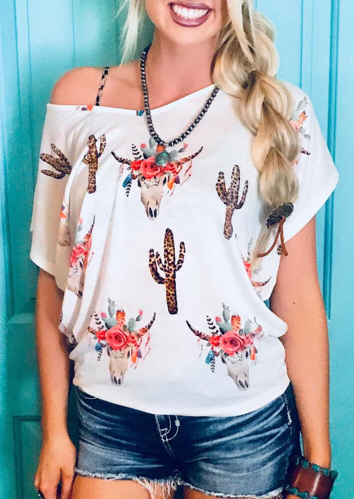 

Blouses Floral Steer Skull Cactus Blouse without Necklace - White. Size