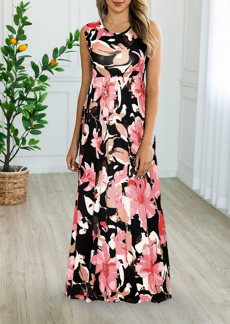 Floral Pocket Sleeveless Maxi Dress, Green;pink;purple, 439576