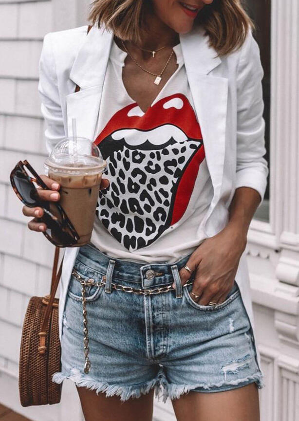 

Leopard Printed Lips V-Neck T-Shirt Tee without Necklace - White, 454117