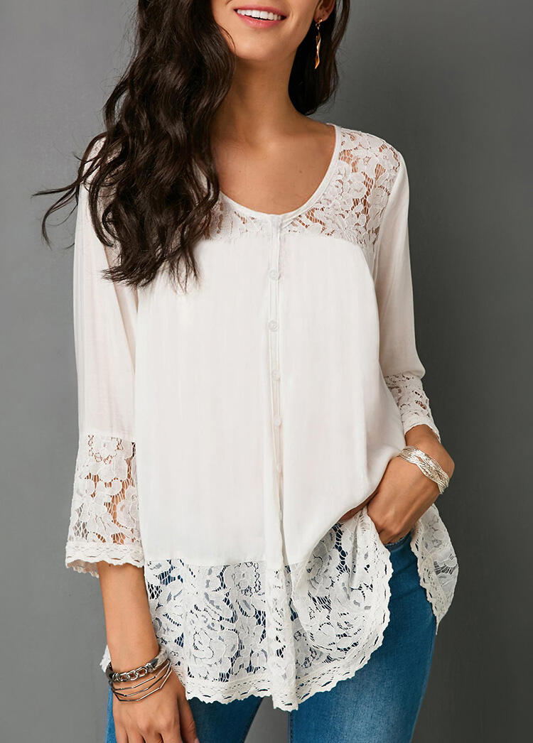 

Solid Lace Splicing Three Quarter Sleeve Blouse - White, 454110