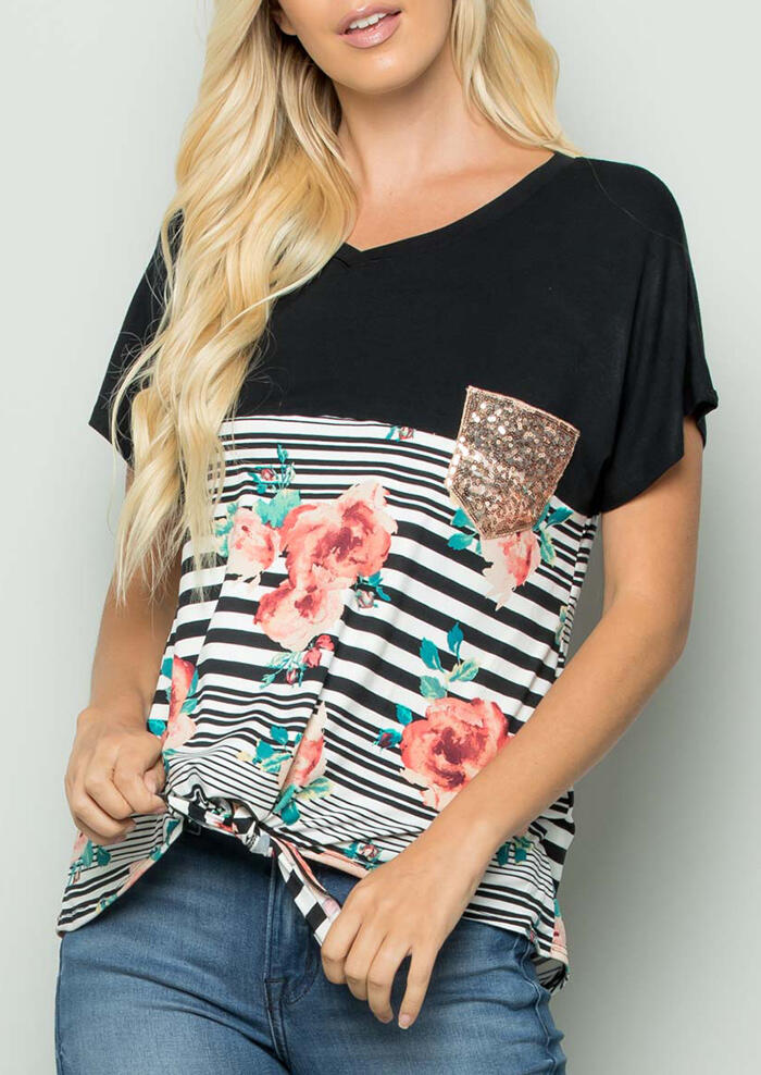 

Tees T-shirts Floral Striped Splicing Sequined Pocket T-Shirt Tee - Black. Size: ,M