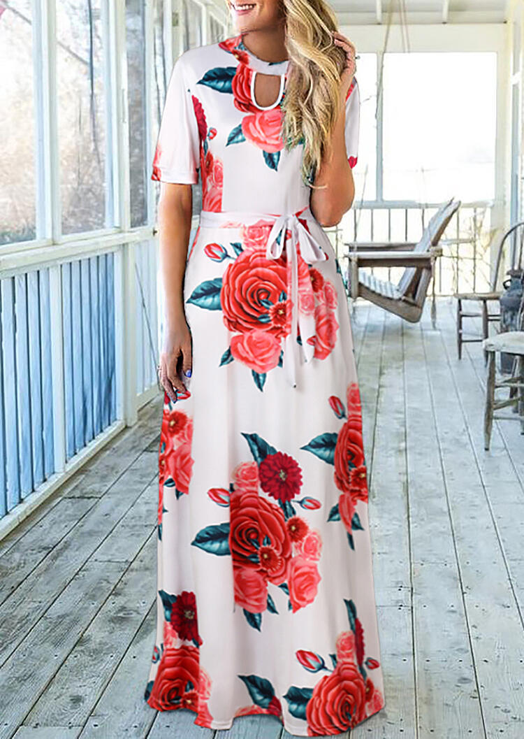 

Floral Hollow Out Maxi Dress with Belt - White, 454167