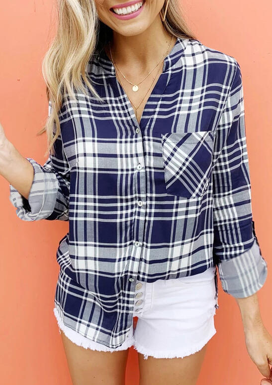 

Plaid Pocket Turn-Down Collar Shirt without Necklace - Navy Blue, 454248