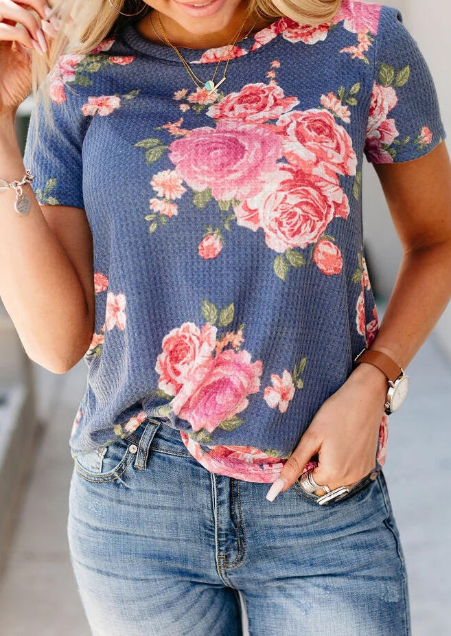 

Floral O-Neck T-Shirt Tee without Necklace - Blue, 454319