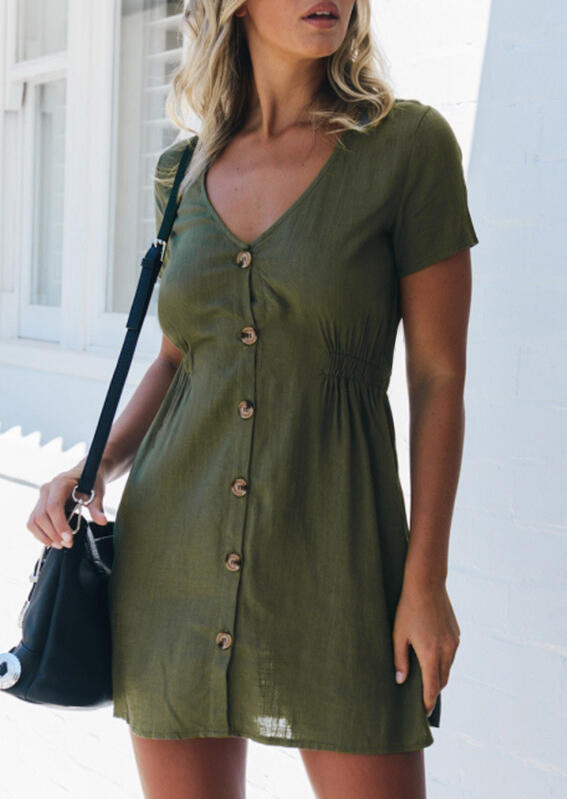 

Mini Dresses Ruffled Button Mini Dress - Army Green. Size