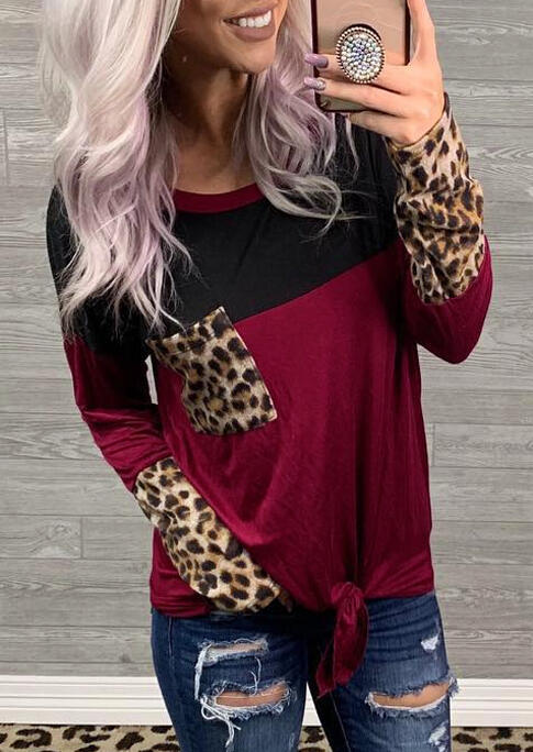 Leopard Printed Color Block Splicing Pocket Tie Blouse - Burgundy