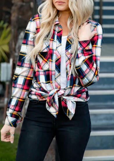 

Plaid Pocket Turn-Down Collar Shirt, 454106