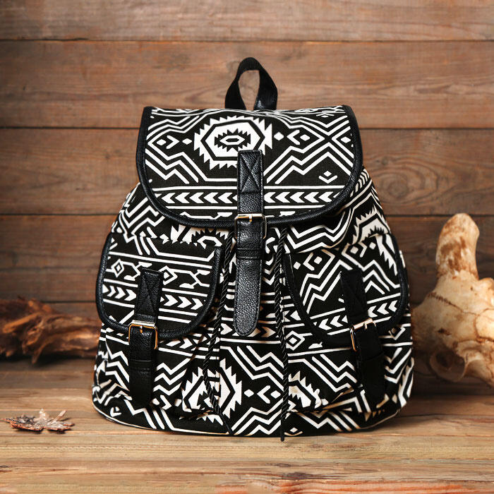 

Bags Aztec Geometric Printed Vintage Canvas Backpack. Size, Black