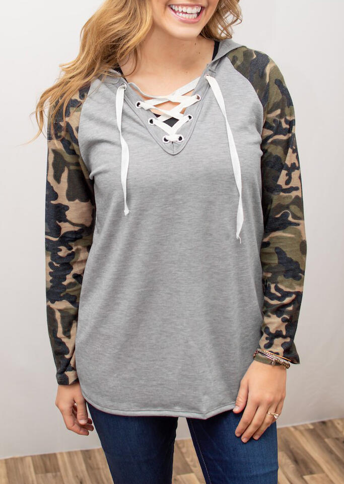 

Camouflage Printed Lace Up Hoodie - Gray, 454360
