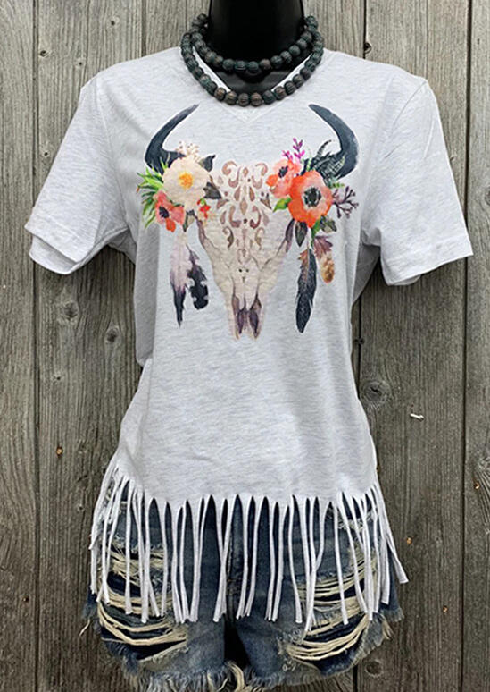 

Blouses Floral Steer Skull Tassel V-Neck Blouse - Light Grey. Size: M