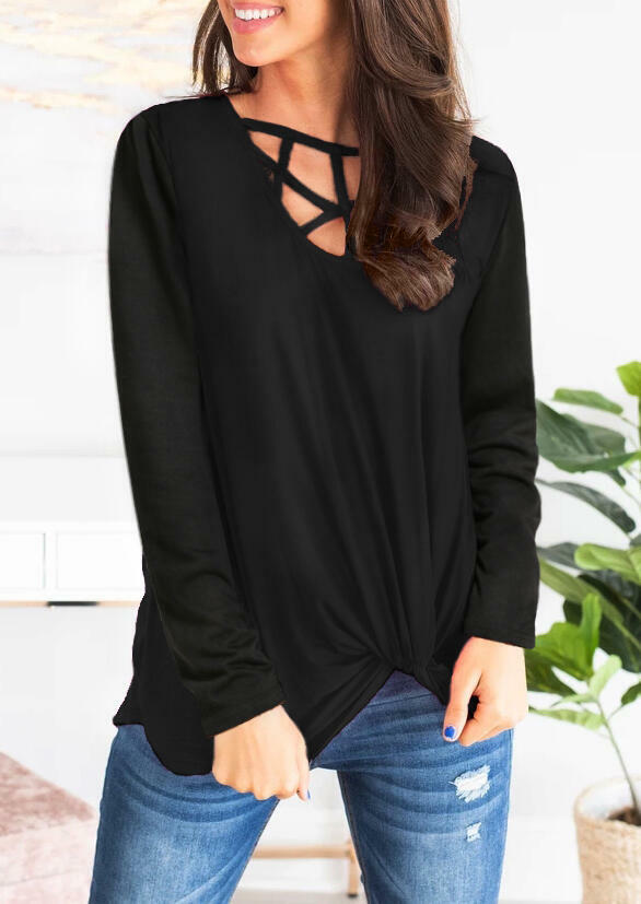 

Solid Hollow Out Twist Long Sleeve Blouse - Black, 454250