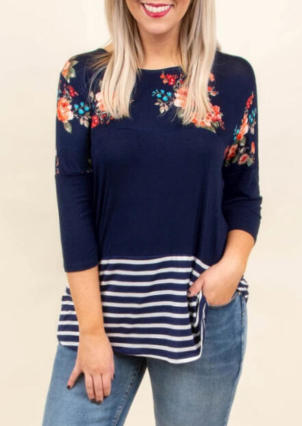 

Striped Floral Splicing T-Shirt Tee - Deep Blue, 454459