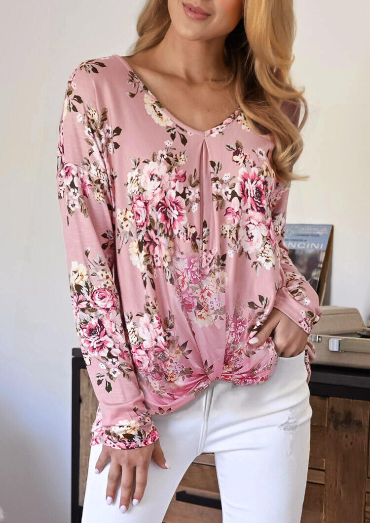 

Blouses Floral Ruffled Twist V-Neck Blouse - Pink. Size