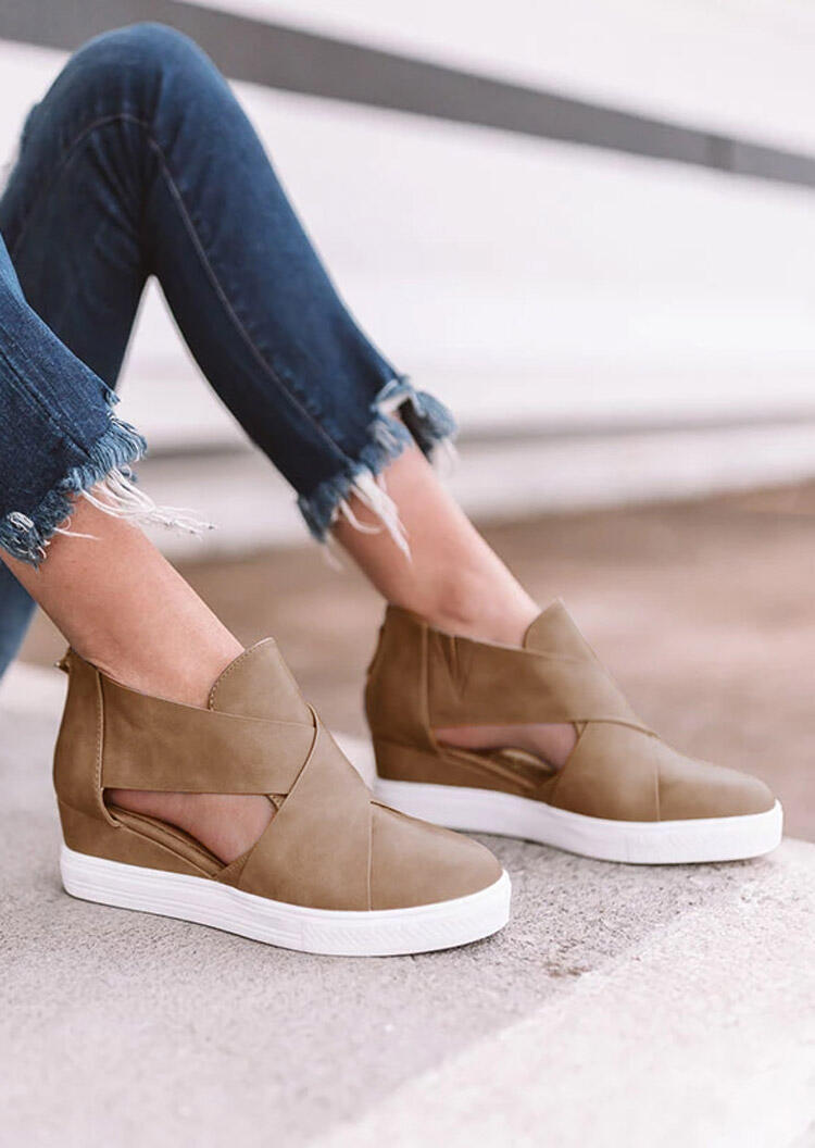 

Women Hollow Out Zipper Wedge Sneakers - Light Coffee, 454514, Lightcoffee