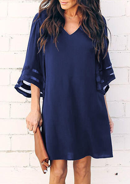 

Solid Mesh Splicing Mini Dress without Necklace - Navy Blue, 454518