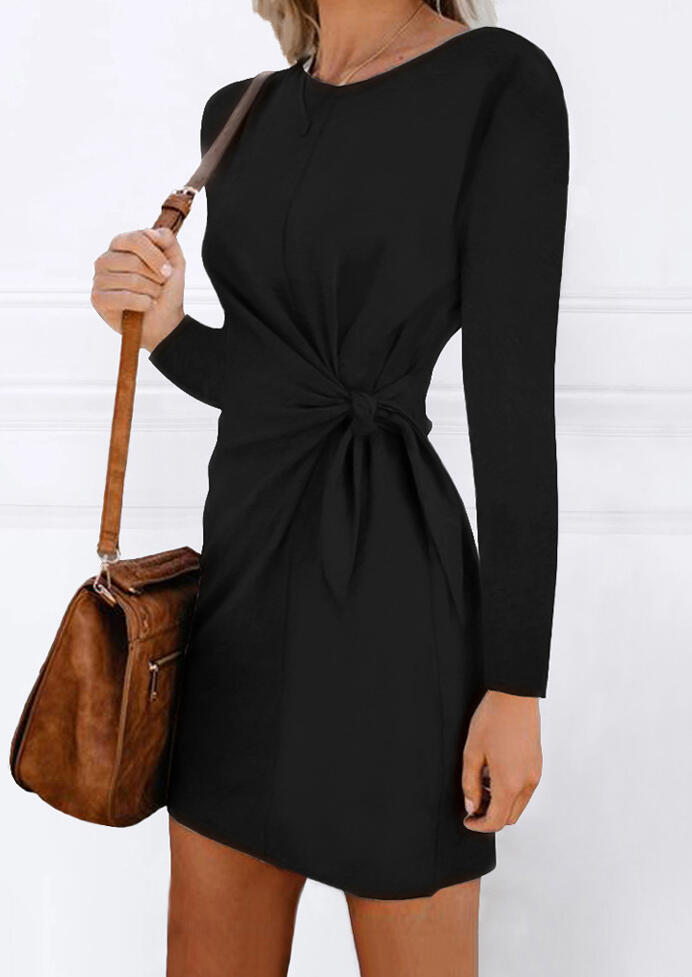 Mini Dresses Solid Tie Long Sleeve Mini Dress without Necklace - Black. Size