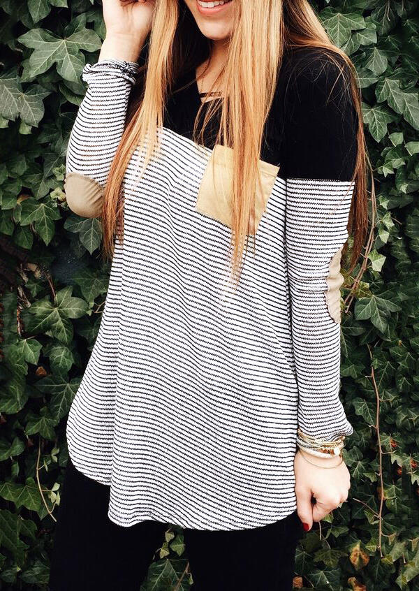 

Striped Color Block Pocket O-Neck Blouse, Stripe, 454546