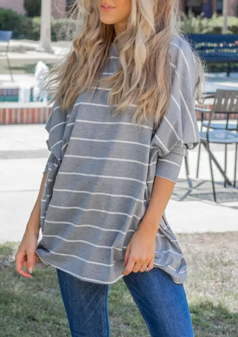

Striped Batwing Sleeve O-Neck Blouse - Gray, 454548