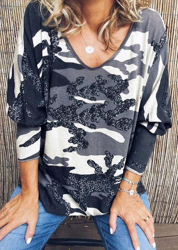 

Camouflage Printed V-Neck Blouse without Necklace, 454550
