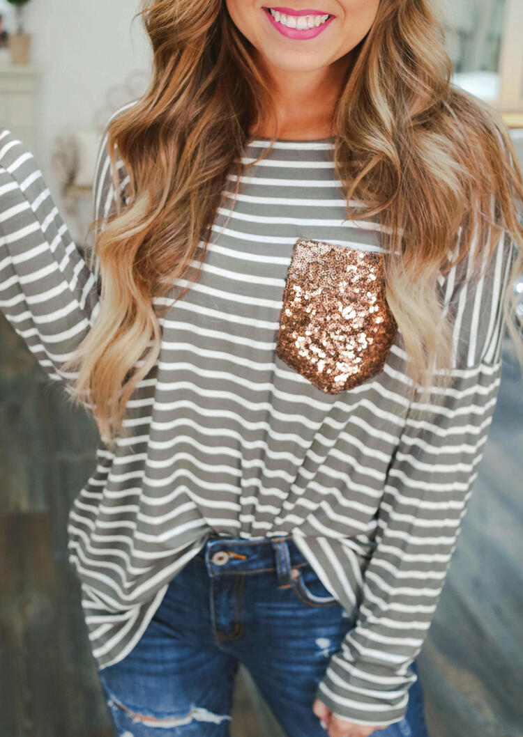 

Striped Sequined Pocket Long Sleeve T-Shirt Tee, Stripe, 454556