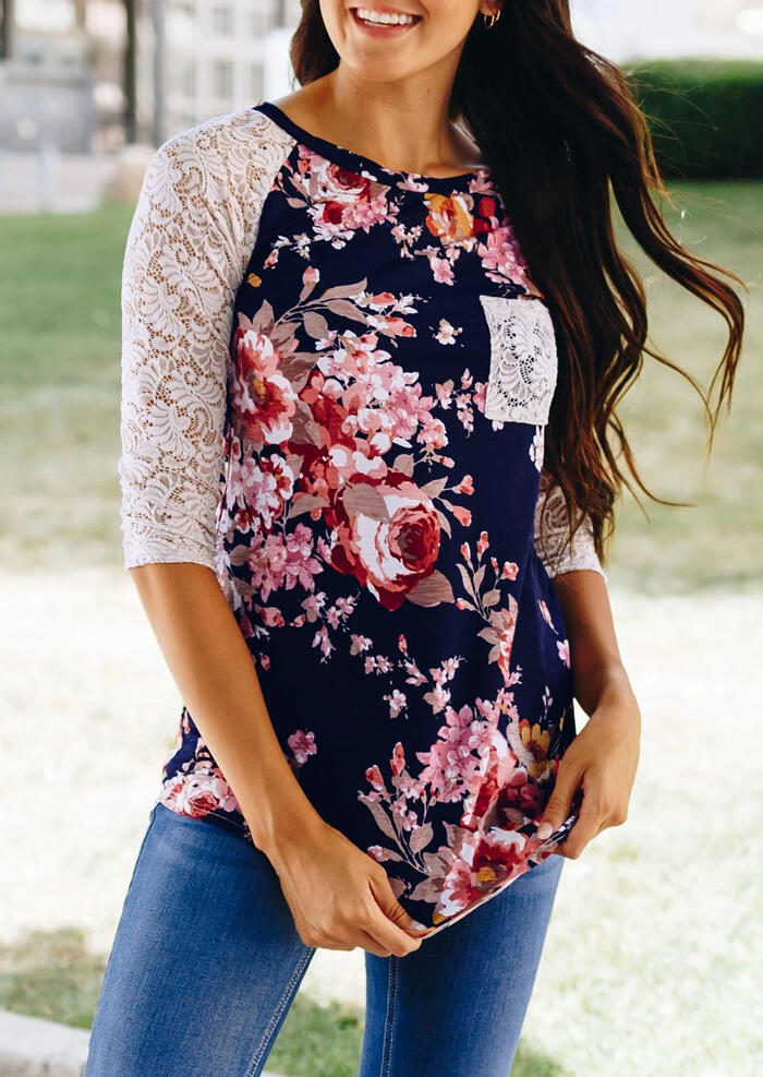 

Floral Lace Splicing Pocket T-Shirt Tee - Navy Blue, 453683