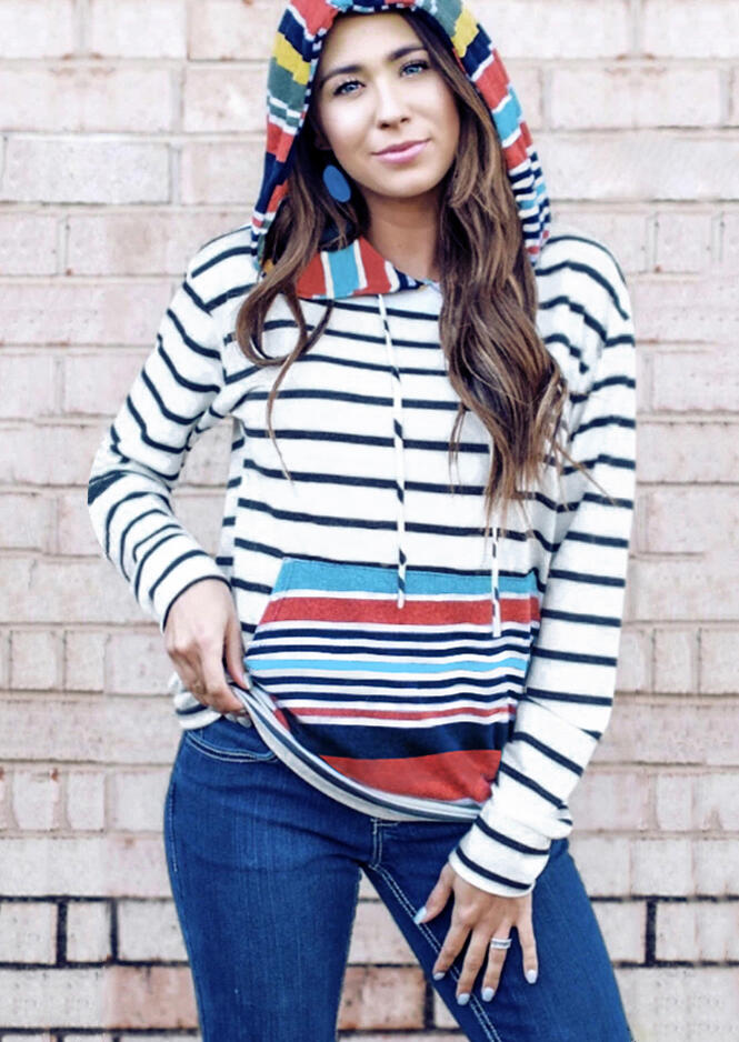 

Striped Splicing Drawstring Pocket Hoodie - White, 454557