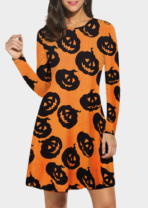 

Halloween Pumpkin Face Long Sleeve Mini Dress - Orange, 454669