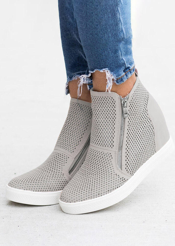 

Sneakers Mesh Zipper Wedge Round Toe Sneakers - Light Grey. Size