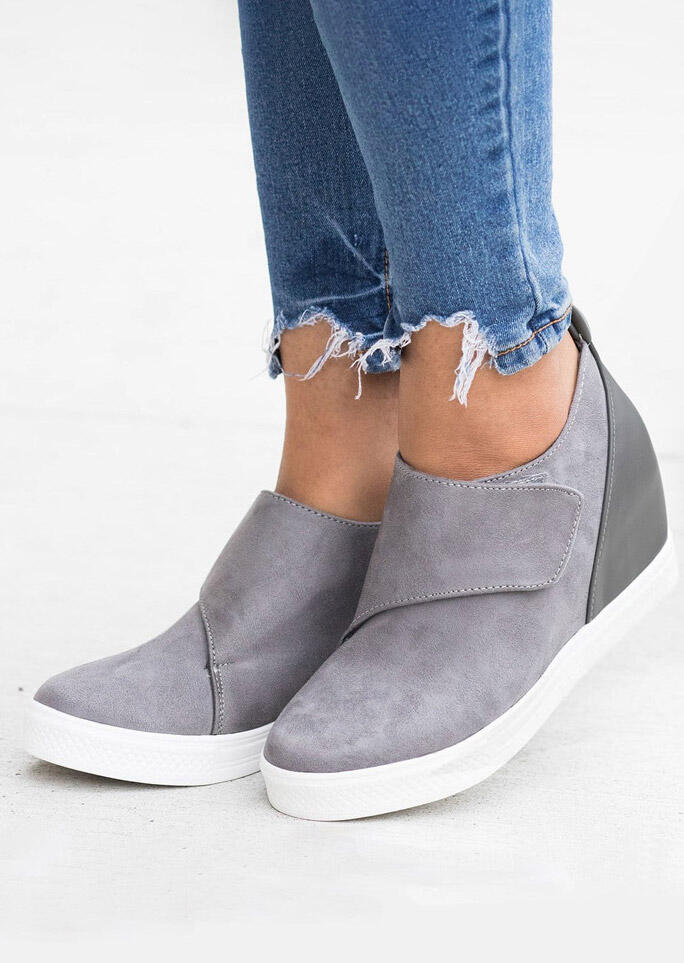 

Solid Wedge Round Toe Velcro Sneakers - Gray, 454624