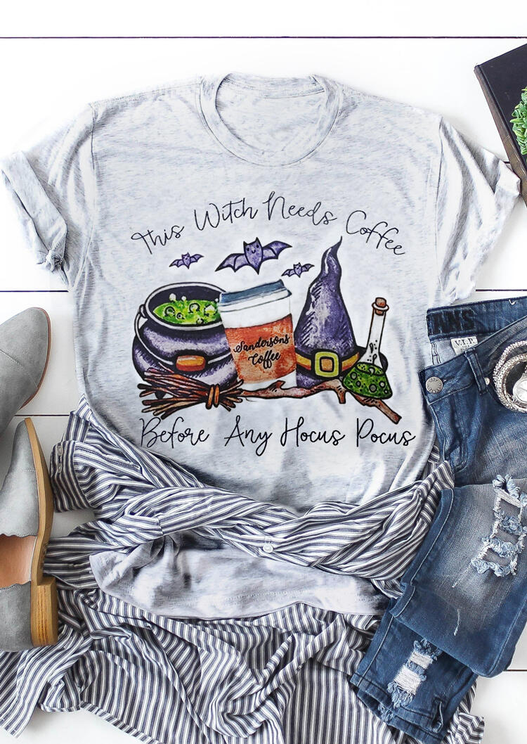 

Halloween Hocus Pocus This Witch Needs Coffee T-Shirt Tee - Light Grey, 454714