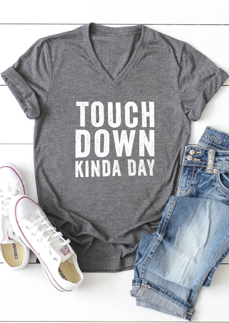 

Touch Down Kinda Day V-Neck T-Shirt Tee - Gray, 454716
