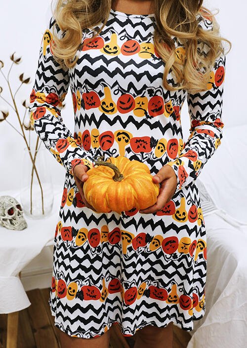 

Halloween Pumpkin Face Zigzag Mini Dress - Multicolor, 454622