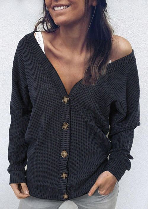 Solid Button Long Sleeve Blouse without Necklace – Black
