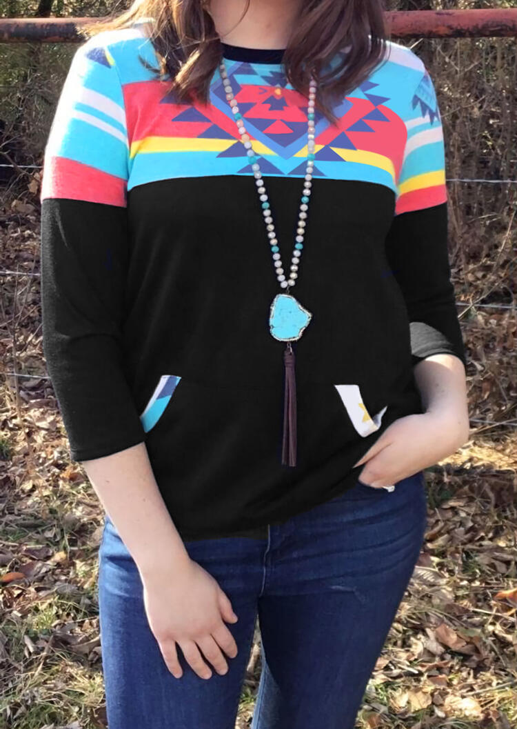 Aztec Geometric Printed Splicing Pocket Sweatshirt without Necklace – Black