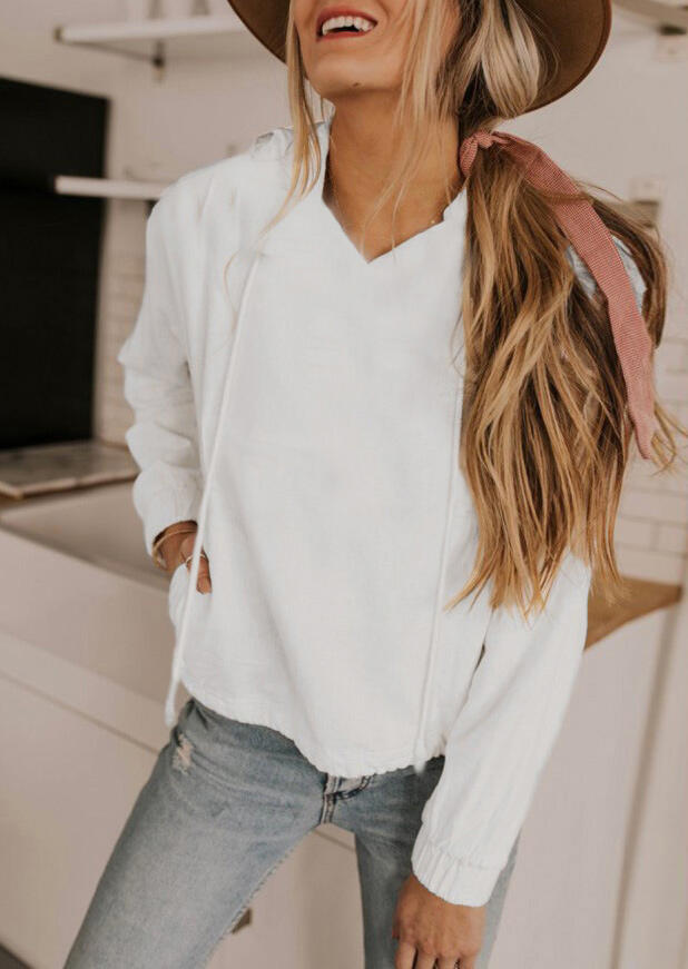 

Hoodies & Sweatshirts Pocket V-Neck Long Sleeve Hoodie - White. Size