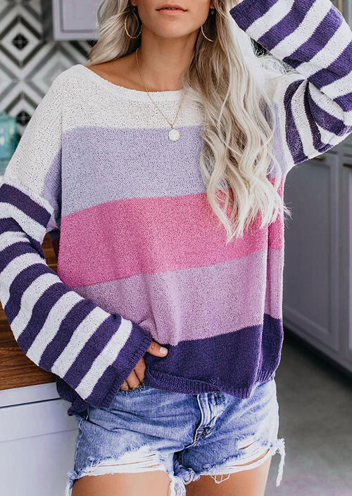 

Striped Color Block Long Sleeve Sweater - Purple, 454835