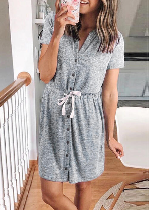 

Casual Dresses Drawstring Button V-Neck Casual Dress - Gray. Size