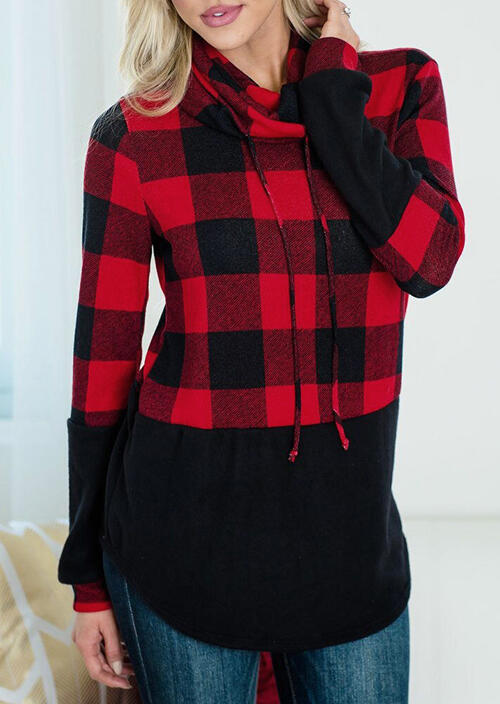 

Blouses Plaid Splicing Drawstring Turtleneck Blouse. Size: S,M,,XL
